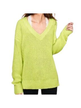 PINK Victoria's Secret Neon Lime Green V-Neck Cable Knit Oversized Sweater NWT